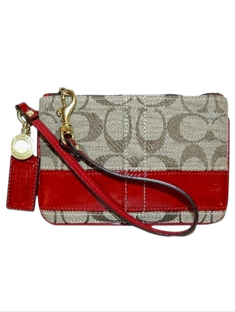 ♥️ Vintage Coach Light Khaki Coral Red Legacy Signature Stripe Wristlet Y2K